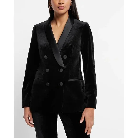 NEW Sz XS X-Small Express Double Breasted Blazer in Black Velvet Tux Satin Fancy - Picture 5 of 10